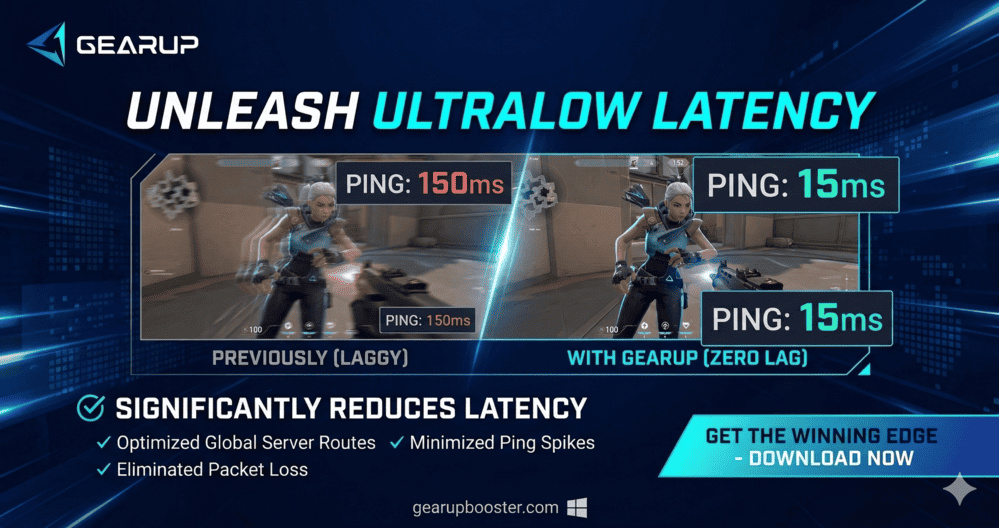 GearUP vendor banner: game scene with a before/after ping graphic